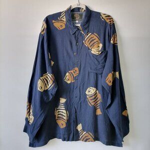 Presidential Mens Blue Collared Long Sleeve Fish Print Button Up Shirt Size XL